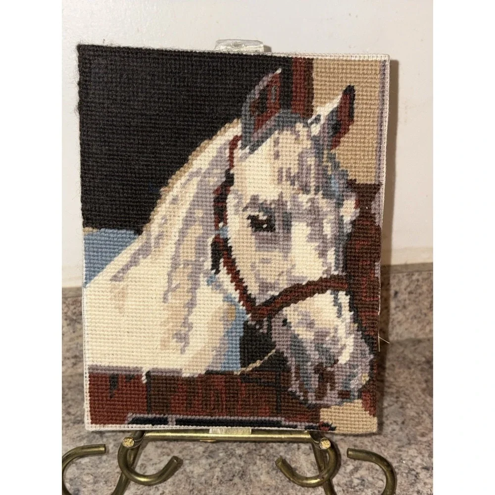 White Horse Head Hand Crafted Completed Needlepoint Canvas Tapestry Western